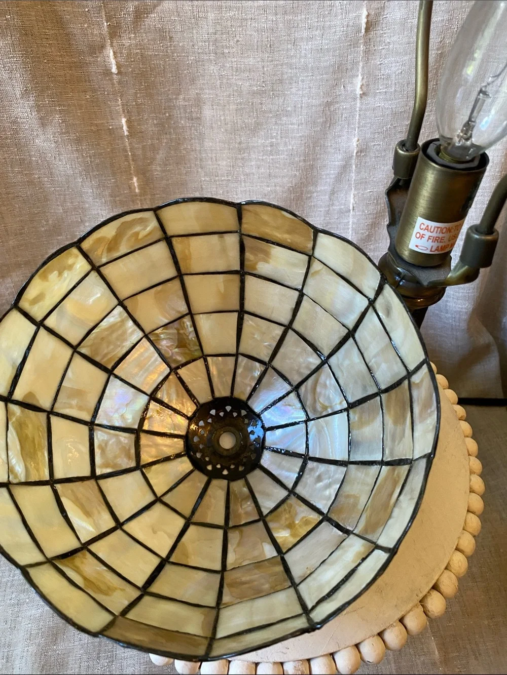 Stained Glass Tiffany Style Table Lamp in Cream Mother of Pearl Mosaic